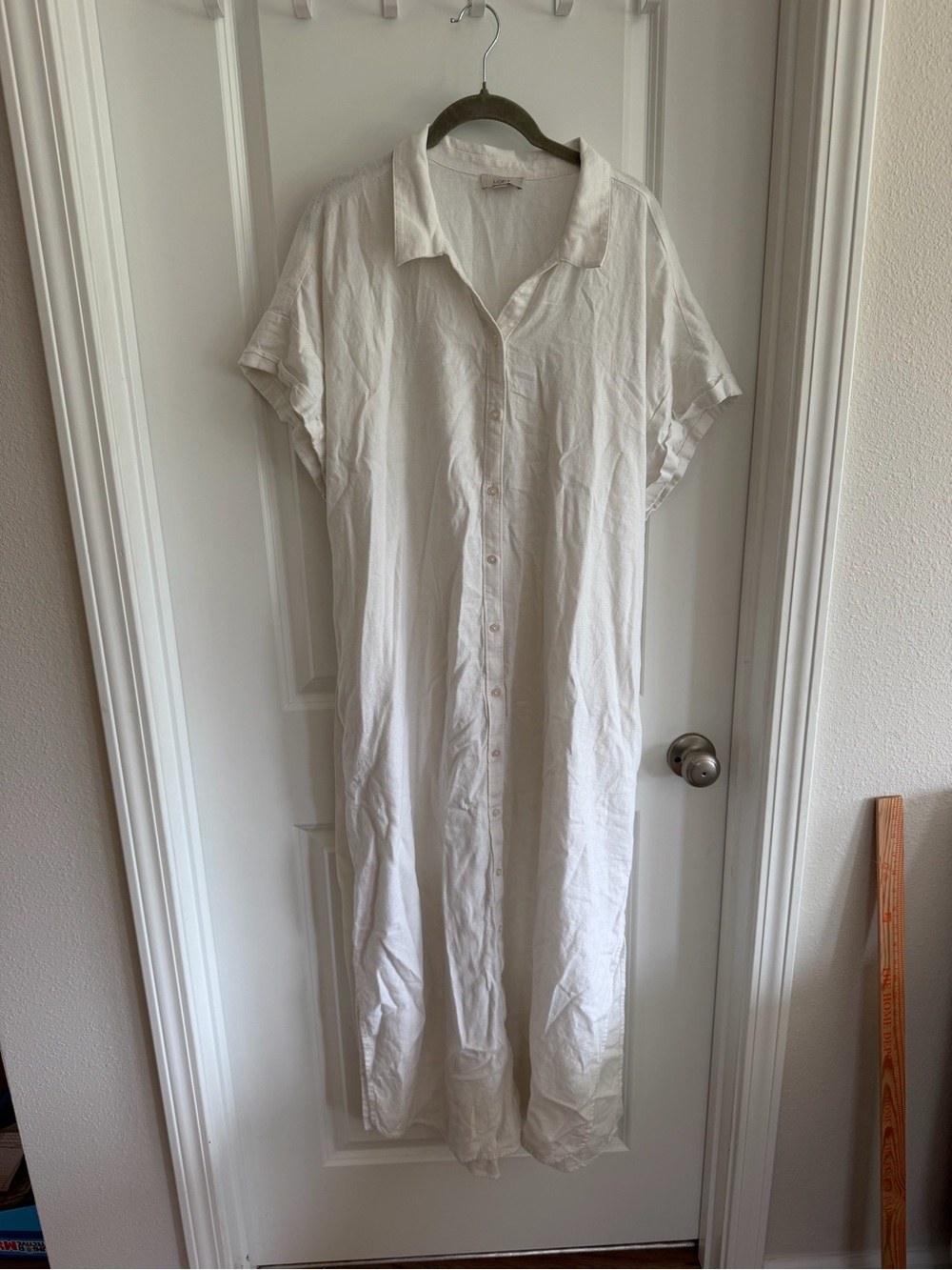 Ann Taylor LOFT Button-Front Linen Shirt Dress XL Off White Maxi Pockets Beach